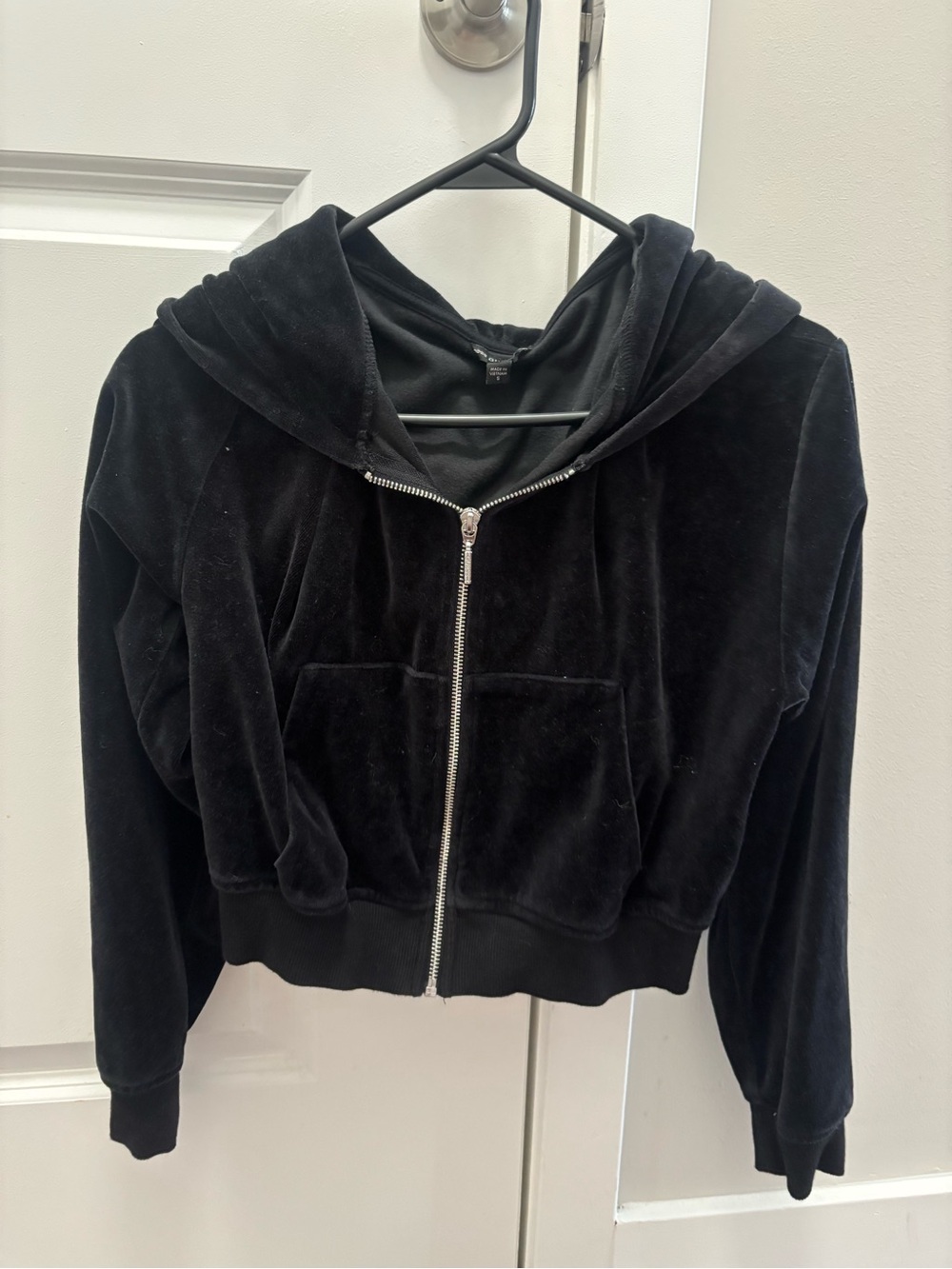 Guess Black Velour Zip-Up Teddy Jacket with Hood